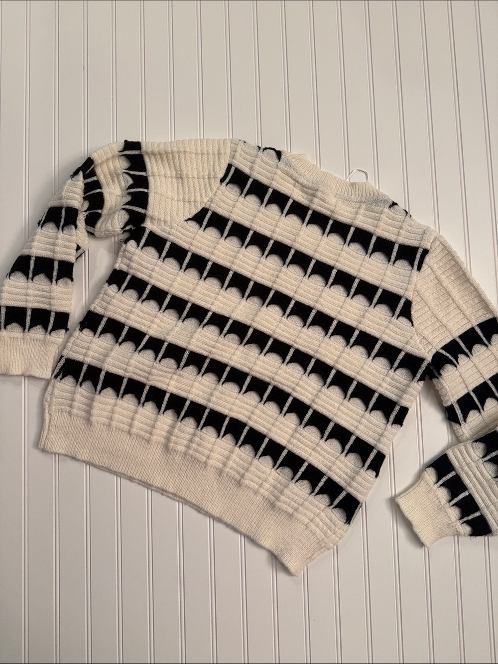 NWT Cyrus Chunky Textured Windowpane Crewneck Sweater XL Cream Black - Picture 7 of 9